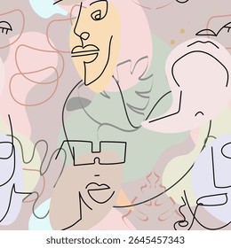 One line drawing. Abstract face seamless pattern. Vector Modern minimal art.  Graphics contour background. Continuous line drawing. Linear design woman and man faces. Beauty modern print. 