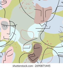 One line drawing. Abstract face seamless pattern. Vector Modern minimal art.  Graphics contour background. Continuous line drawing. Linear design woman and man faces. Beauty modern print. 