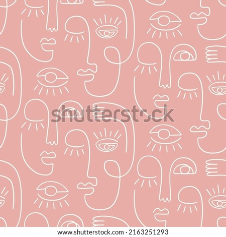 One line drawing abstract face seamless pattern. Continuous line background, minimalism art, woman and man faces. Modern fashionable print. Cubism artwork trendy minimalism style. Single linear people