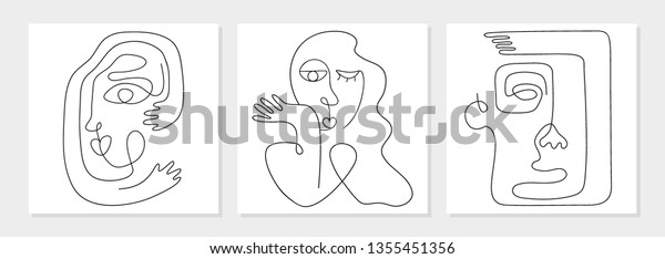 One line drawing abstract face. Modern continuous\
line art man and woman portrait, minimalist contour. Great for home\
decor such as posters, wall art, tote bag, t-shirt print, mobile\
case. Vector