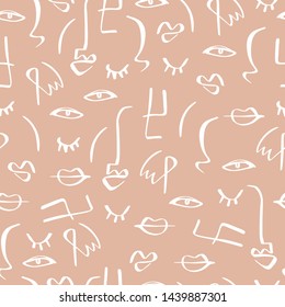 One line drawing abstract faces seamless pattern. Modern aesthetic print, minimalism, contour line art. Continuous with people faces. Vector illustration.