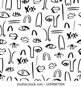 One line drawing abstract faces seamless pattern. Modern aesthetic print, minimalism, contour line art. Continuous with people faces. Vector illustration.