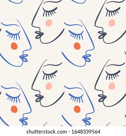 One line drawing abstract faces seamless pattern. Modern aesthetic print, minimalism, contour line art. Continuous with people faces. Vector illustration