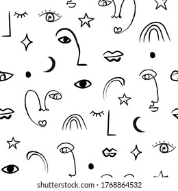 One line drawing of abstract faces seamless pattern. Modern aesthetic print, minimalism, contour line art. Elements like eyes, lips, rainbow, stars and faces. Vector illustration background