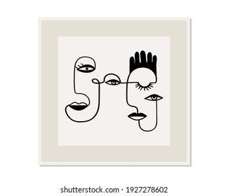 One line drawing abstract faces. Modern continuous line art. Vector EPS10.