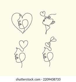 Una línea dibujando el rostro abstracto del corazón de la mujer. Logo romántico minimalista