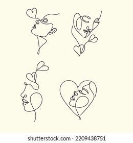 Una línea dibujando el rostro abstracto del corazón de la mujer. Logo romántico minimalista