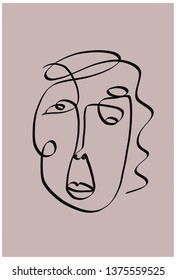 One line drawing abstract portrait woman. Fashion surreal face. Contemporary trendy art in minimal style . Hand drawn doodle illustration 