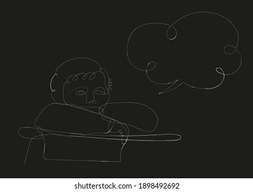 One line drawing abstract portrait kid standing alone with though bubble. Modern continuous line minimalist in black and white. Vector illustration trendy drawing line isolated on black background.