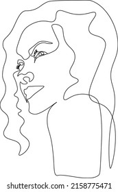 One line drawing of abstract portrait of pretty woman with beautiful curly hair. Vector illustration.