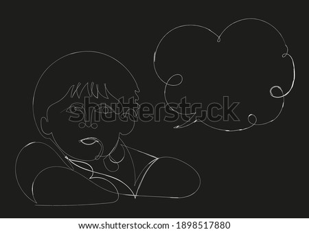 One line drawing abstract portrait kid sitting  alone with though bubble. Modern continuous line minimalist in black and white. Vector illustration trendy drawing line isolated on black background.
