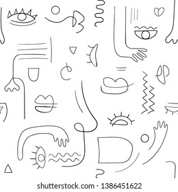 One Line Drawing Abstract Seamless Pattern With Human Eyes, Hands, Mouth, Nose. Minimalist Single Line Digital Composition. Contemporary Art, Modern Graphic Design. Vector Illustration