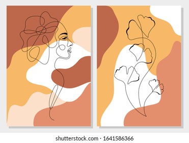One line drawing abstract woman face and flower in her hair   ginkgo biloba leaf  Modern continuous line art  female portrait  aesthetic contour  Set two cards  creative collage style  Vector