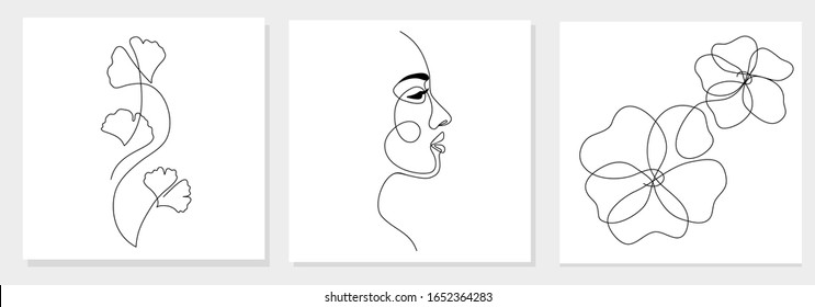 One line drawing abstract woman face, ginkgo biloba leaf, flower. Modern single line art, female portrait, aesthetic contour. Great for poster, wall art, tote bag, t-shirt print, sticker, logo. Vector - Shutterstock ID 1652364283