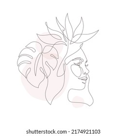 One line drawing of abstract woman face with tropical flower, leaf, circle. Female portrait continuous line art in minimal style. Vector illustration for cosmetics, beauty salon logo, fashion print