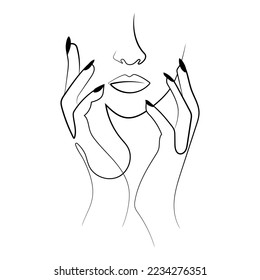 One line drawing abstract woman face with hands vector illustration.Stylized female face Modern single line art.Woman beauty fashion concept,minimalistic style.Design for logo,poster,emblem template