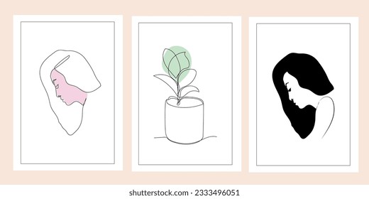 One line drawing abstract woman face, leaf, flower. Modern single line art, female portrait, aesthetic contour.