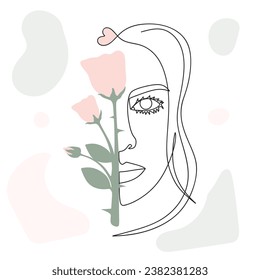 One line drawing abstract woman face with colored rose flower. Minimalist continuous linear sketch woman face. Modern single line art, female portrait contour. Vector illustration