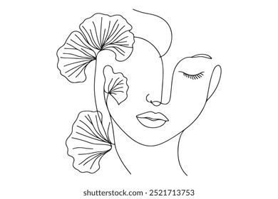 Uma linha desenhando rosto de mulher abstrato, folha ginkgo biloba, flor. Arte moderna em linha única, retrato feminino, contorno estético. 