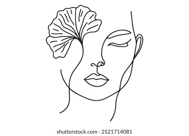 One line drawing abstract woman face, ginkgo biloba leaf, flower. Modern single line art, female portrait, aesthetic contour. 