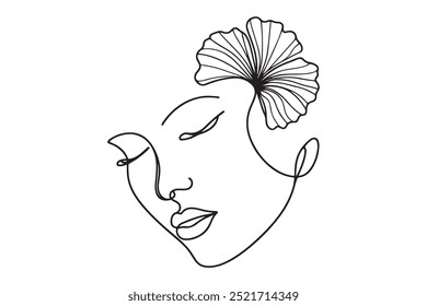 One line drawing abstract woman face, ginkgo biloba leaf, flower. Modern single line art, female portrait, aesthetic contour. 