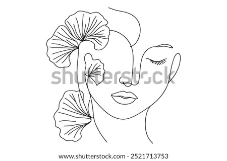 One line drawing abstract woman face, ginkgo biloba leaf, flower. Modern single line art, female portrait, aesthetic contour. 
