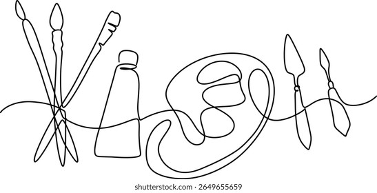 one line. drawing accessories. paints, palette, brush, pencil