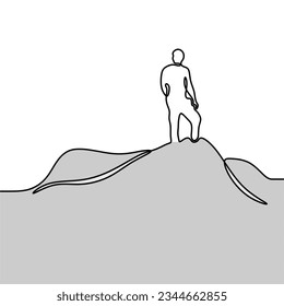 One line drawing of active young man climbing cliff mountain holding safety rope