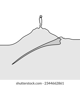 One line drawing of active young man climbing cliff mountain holding safety rope