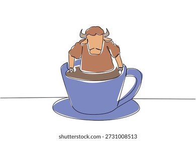 Eine Linie Zeichnung der bezaubernden Bison zeigt wilde Waldtier Einweichen in warme Kaffeetasse für Naturkonzept. Farbenfrohe Kunst ist ideal für ein internationales Tierwelt-Tagesthema und Kinderzimmerdekoration