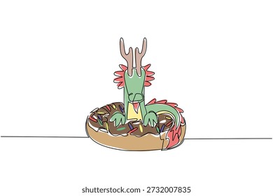 One line drawing of adorable dragon for fancy food concept features cute fantasy creature sitting inside donut. Colorful graphic celebrates kids stationery purpose with green mythical winged beast
