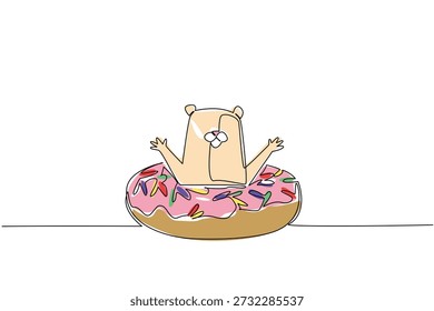 Um desenho de linha de hamster adorável apresenta animal de estimação roedor brincalhão sentado dentro da rosquinha para o conceito de comida. A arte colorida é ideal para o propósito da decoração da parede das crianças e a arte do estilo da decoração do quarto das crianças
