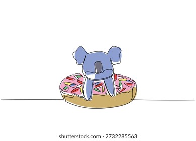 Eine Linie Zeichnung von bezaubernden Koala für Lebensmittel-Konzept verfügt über süße charmante Beuteltier sitzen in Donut. Farbige Grafik für Kinder Wanddekoration Zweck mit dem grauen wilden australischen Kreatur