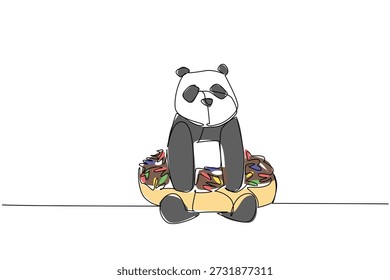One line drawing of adorable panda features wild animal sitting inside sweet glazed donut for fancy dessert concept. Colorful art is ideal for international food day theme and kids bedroom decoration