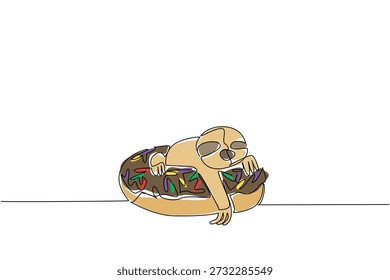 Un dibujo de línea de adorable perezoso presenta un animal de bosque lento sentado dentro de una rosquilla rociada para el concepto de comida pastelera. El arte colorido es ideal para el propósito del cartel del vivero y el arte de la decoración del dormitorio de los niños