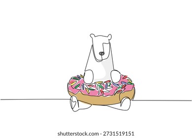 Un dibujo de línea de adorable oso polar blanco para el concepto de postre de lujo cuenta con lindo animal acostado dentro de la rosquilla dulce. El arte colorido representa el tema del día internacional de la comida con un lindo mamífero juguetón