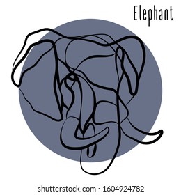 One line drawing of an African elephant portrait. Animal head drawn in line art style on a circle background. Modern illustration for branding a zoo. Elephant logo