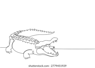 One line drawing of aggressive crocodile walking forward on dirt with big open jaw. Wild carnivore animal concept for World Croc Day wildlife sanctuary educational flyer brochure artwork.
