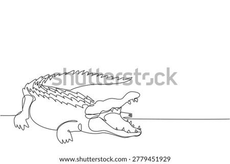 One line drawing of aggressive crocodile walking forward on dirt with big open jaw. Wild carnivore animal concept for World Croc Day wildlife sanctuary educational flyer brochure artwork.