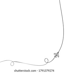 One line drawing airplane flight route, Hand drawn vector minimalist Continuous line frame illustration