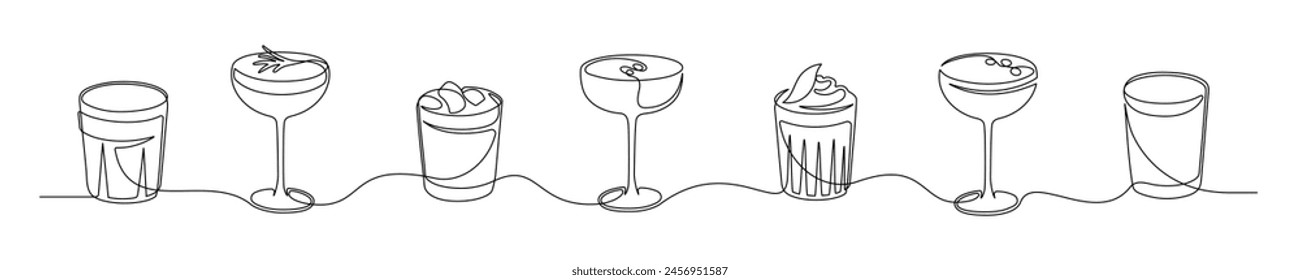 Сontinuous one line drawing of alcoholic cocktail drinks isolated on white background. Thin line cocktail glasses. Vector illustration