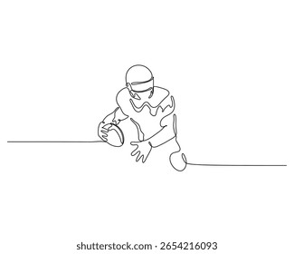 One line drawing of an American football player crouching with the ball. Minimalist vector art for sports-themed illustrations and creative poster designs.