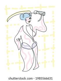 One line drawing of ancient eastern woman with katanas.
One continuous line drawing of warrior woman wearing kimono.