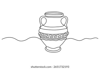 Um desenho de linha do vaso de argila grego antigo, isolado no fundo branco, um desenho de linha contínua de água antiga jug.one desenho de linha de argila jug .antique jug ícone .vetor de linha única.