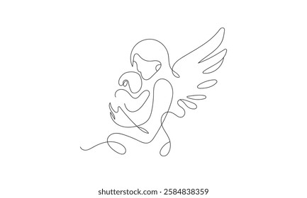 One line drawing of an angel cradling a child