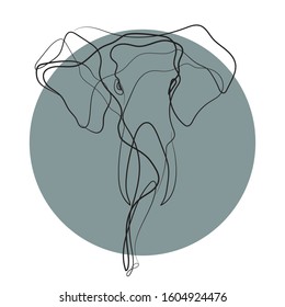 One line drawing of an animal portrait. Elephant head drawn in line art style on a circle background. Modern illustration for branding a zoo.