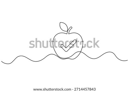 One line drawing of an apple with a checkmark inside, symbolizing approval or correctness