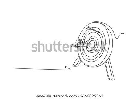 One line drawing archery target with two arrows hitting the center rings at field. Symbolizing precision, strategy, and reaching goals. Modern continuous line draw design graphic vector illustration