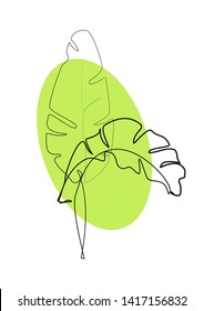 One line drawing. Line art. One line drawing. Contour drawing of Banana leaves. Tropical fashion print in a minimalist style for interior decoration, postcards, creating a logo or printing on clothes.