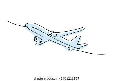 One line drawing art passenger airplane travel concept. Fast flying to the left plain cargo trip white sky business hand drawn sketch. Aviation transport tourism vector illustration.